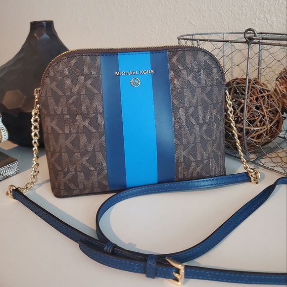 Michael Kors MK MONOGRAM Center Stripe CINDY LG Dome CHAIN XBODY BAG Cyan - Picture 1 of 5